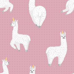 seamless pattern with cute cartoon lama alpaca with unicorn horn.polka dot seamless background.Vector Illustration.unique design for cards, posters,t-shirts,invitations. wrapping paper design