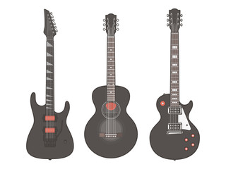 Acoustic and electric guitars set isolated on white background. Collection of stylized guitar, flat vector illustration