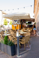 Fototapeta na wymiar The old tram in Szeged, Hungary is now used as a street cafe