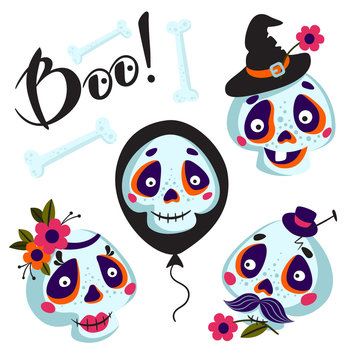 Set of cartoons Skull and bones isolated on white background. Cute Skull Faces. Vector Illustration of a Halloween Skull. Mexican day of the dead.