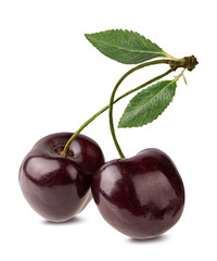 Two fresh cherries with leaf isolated on white background with clipping path