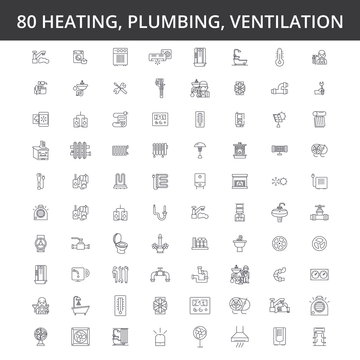 Hvac, heating, air conditioning, ventilation, plumbing service, boiler, home conditioner, engineering radiator line icons signs Illustration vector concept Editable strokes
