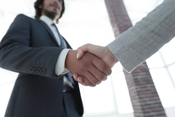 Excited smiling businessman handshaking partner at meeting,