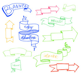 Vector hand drawn set on white background of objects:arrow, banner, word, list, brush, pen, figure, check mark.