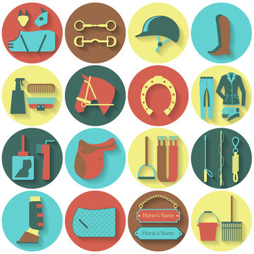 Set of 16 round flat vector icons with different horse and riding equipment