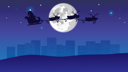 Obraz na płótnie Canvas xmas reindeers flies over the night modern city vector background
