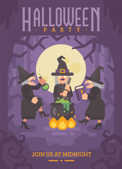 Fototapeta na wymiar Halloween poster with three wicked old witches brewing a potion. Three evil sisters dancing around the fire and cauldron in a dark forest at night. Halloween party flyer with text Join us at midnight