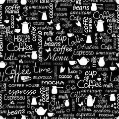Collection of hand drawn lettering of coffee. Black and white seamless pattern.