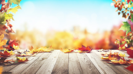 Autunno, sfondo con foglie e legno