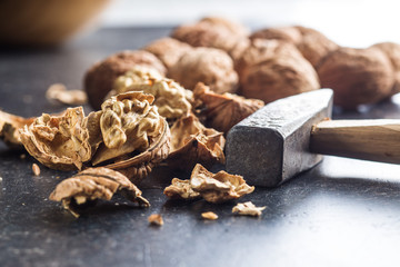 Tasty dried walnuts and hammer.