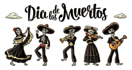 Dia de los Muertos. The skeleton in Mexican national costumes