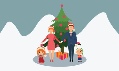 Merry Christmas and Happy Holidays! Young couple and kids decorates the Xmas tree. Christmas family portrait outdoors concept illustration vector.