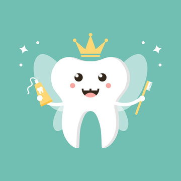 Cute cartoon tooth fairy with toothpaste and brush vector flat design illustration.