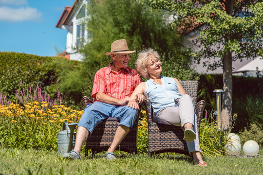 Low-angle view portrait of a happy senior couple in love sitting on chairs while relaxing together in the garden, at home in a sunny day of summer