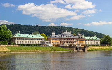 Fototapeta na wymiar River Elbe with baroque Pillnitz palace, near Dresden, Saxony