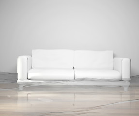 flooded water damage due to flooding in the house 3d render