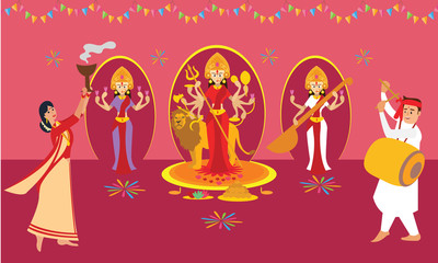 Couple performing Dhunuchi dance of Bengal for Durga Puja. Indian cultural festival celebration concept illustration vector.