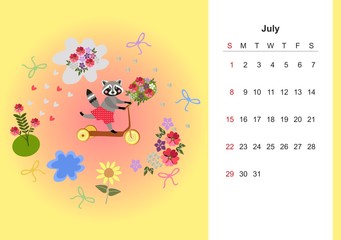 July. Colorful monthly calendar for 2018 with cute raccoon. Lovely page design for kids. Sunny day in floral meadow.