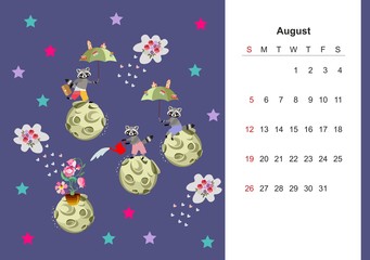 August. Colorful monthly calendar for 2018 with cute raccoon. Lovely page design for kids. Asteroids with flowers and animals in space. Star rain.