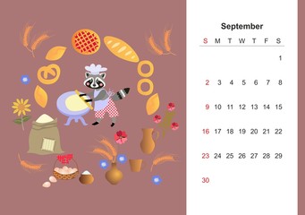 September. Colorful monthly calendar  for 2018 with cute raccoon. Lovely page design for kids. Baker with dough and rolling pin among of muffins, pies, cakes.