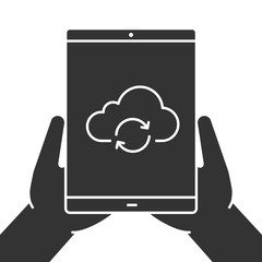 Hands holding tablet computer glyph icon