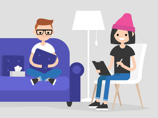Young character visiting a psychologist doctor. Mental health care. Flat illustration. Patient sitting on a sofa and hugging a pillow. Young friendly doctor listening to a patient and making notes