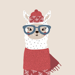 Cute winter lama in scarf and hat. Holiday and christmas illustration. It can be used for greeting card, posters, apparel
