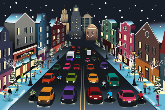City Scene with Traffic at Night Illustration