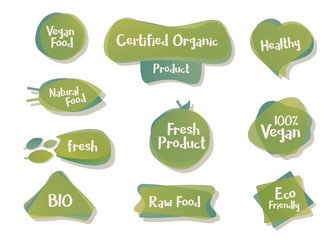 Vector bio and vegetarian design shapes, icons, tags, labels. Organic food element set for meal and drink,cafe, restaurants and organic products packaging