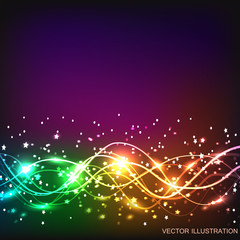 Fototapeta na wymiar Energy of movement and beauty. Abstract illustration in bright colors. Background with sparkling waves lines. Vector illustration.
