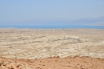 Top view from Masada fortress to the Judaean desert and the Dead Sea