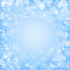 Magical winter background with with bokeh lights, stars, sparkles and beautiful snowflakes. Vector illustration.