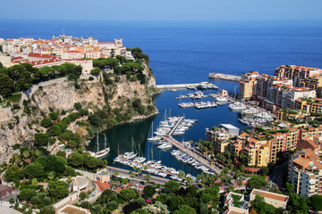 Naklejka premium View of Monaco City and Fontvieille with boat marina in Monaco.