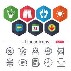 Beach holidays icons. Cocktail, human footprints.