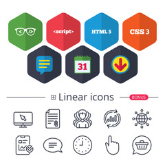 Programmer coder glasses. HTML markup language.