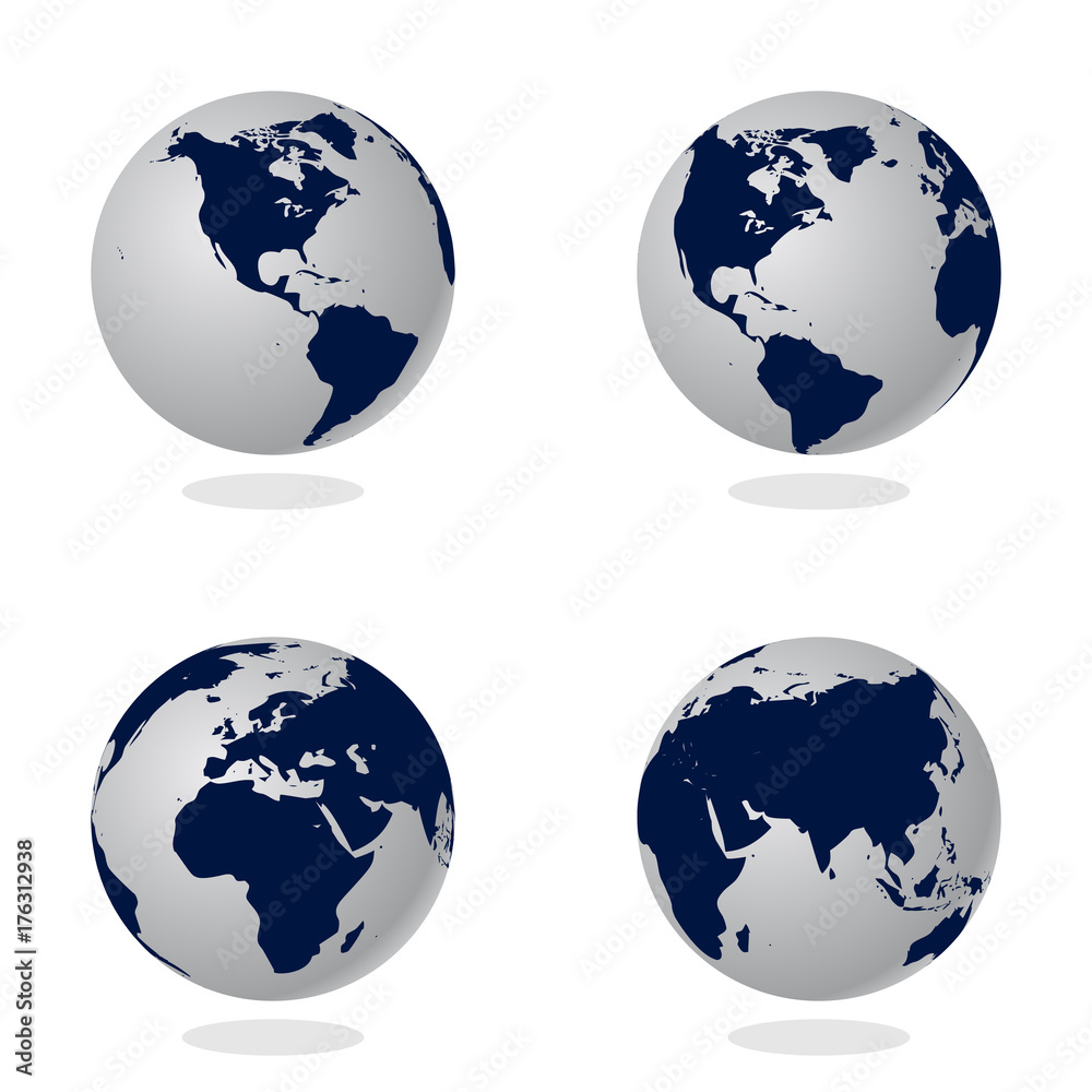Wall mural set of abstract globe with world map. 3d vector illustration.