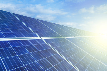 Solar panels, photovoltaic, alternative source environmentally friendly energy. In the backlight sunbeam light.