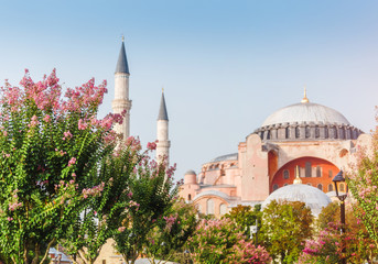 Fototapeta na wymiar Main tourist attraction in Istanbul - Hagia Sophia mosque and ancient church, Turkey