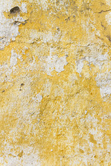 Old and neglected peeled wall with layers of white and yellow paint; Architectural background, texture, pattern; Copy space, sign board.