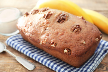 Tasty banana nut bread on table