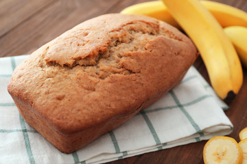 Tasty banana bread on table