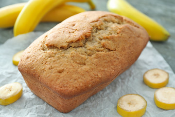 Tasty banana bread on table