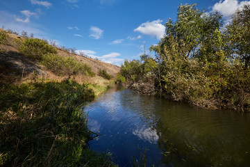 Fototapeta premium Early autumn landscape. Wild river flowing along the banks, densely overgrown with bushes and trees.
