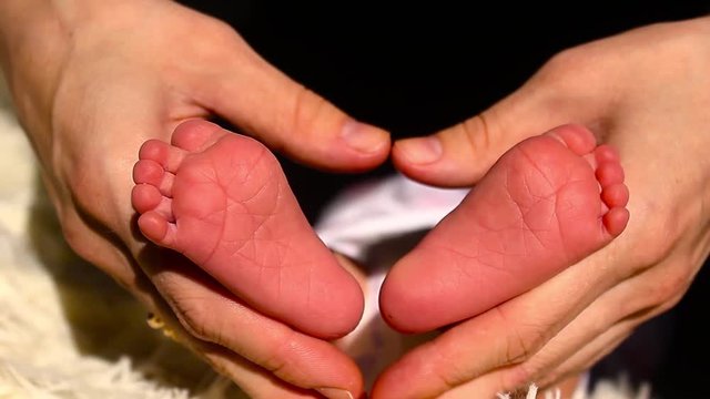 Baby feet in mother hands. Tiny Newborn Baby's feet on female Heart Shaped hands closeup. Mom and her Child. Happy Family concept. Beautiful conceptual video of Maternity.