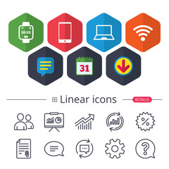 Notebook and smartphone icon. Smart watch symbol.