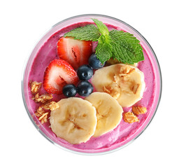 Healthy breakfast with delicious acai smoothie in glass on white background