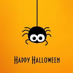 Happy Halloween card with cartoon spider and greeting text on orange background. Flat design. Vector.