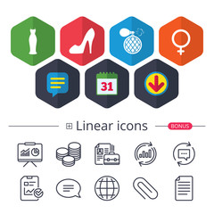 Wedding dress icon. Women shoe sign. Perfume.