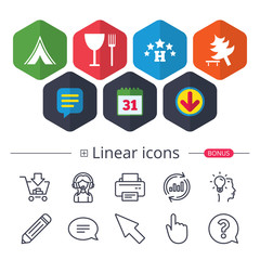 Food, hotel, camping tent and tree signs.