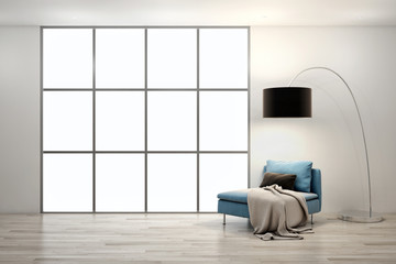 Fototapeta na wymiar Modern bright living room, white wall. 3D rendering illustration